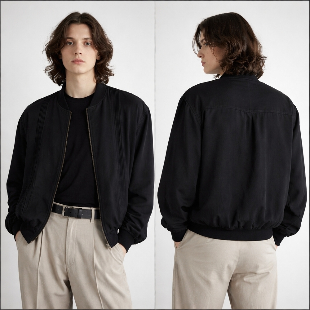 SCANDIA WOODS Silk Bomber Jacket Unisex XL Black Vintage Minimalist